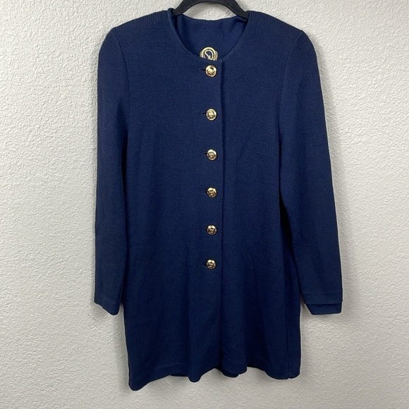 St John Signature Santana Knit Longline Cardigan Sweater Navy Blue Timeless Sz M - Picture 1 of 8